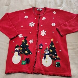 Victoria Jones Vintage Woman's Christmas Snowman Cardigan Size L Button Down
